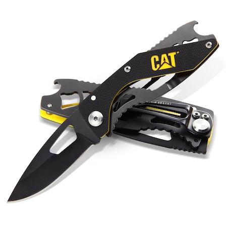 Cat 6-1/4 Inch Folding Skeleton Knife with Bottle Opener with Black Blade 980267